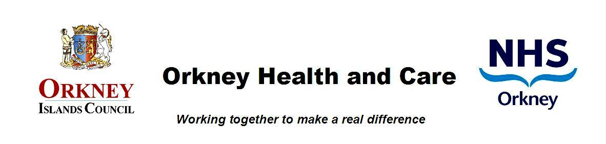 Orkney Health and Care Logo, "Orkney Health and Care logos "Working together to make a real difference""