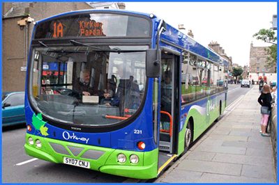 An Orkney bus picking up passengers in Kirkwall.