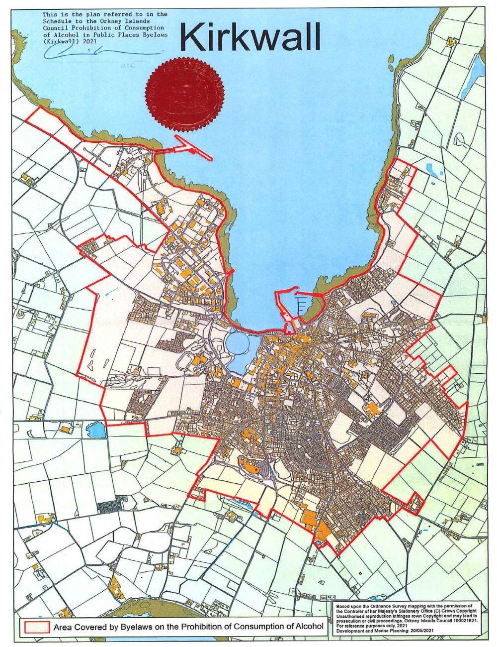 Map of area covered by Alcohol Byelaws 2021   Kirkwall