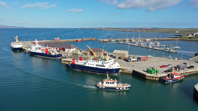 Aerial view of Orkney Ferries vessels at Kirkwall Pier