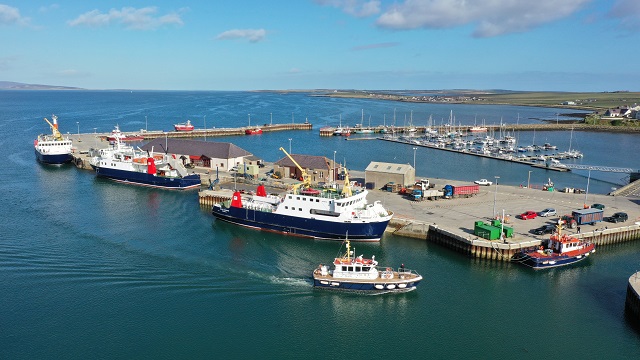 Aerial view of Orkney Ferries vessels at Kirkwall Pier
