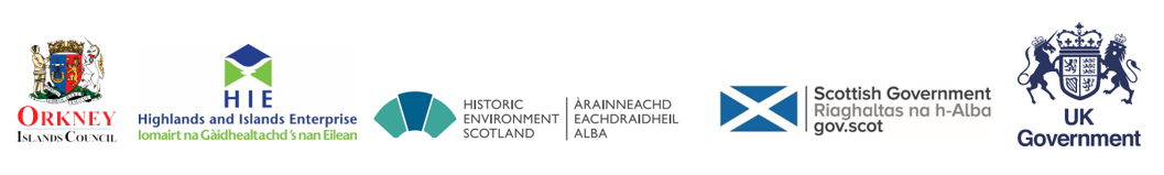 Orkney Gateway Programme partner logos - Orkney Islands Council, Highlands and Islands Enterprise; Heritage Environment Scotland, Scottish Government, United Kingdom Government.