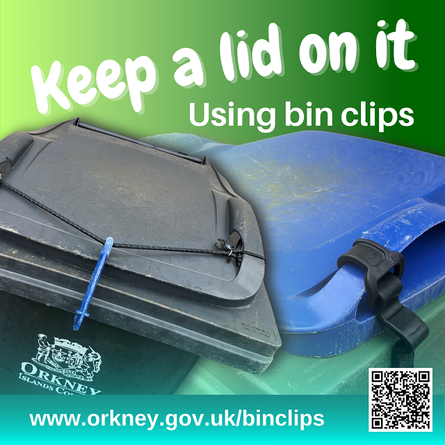 Photo of the two bin clips approved for use by the Council, with text @Keep a lid on it - using bin clips'