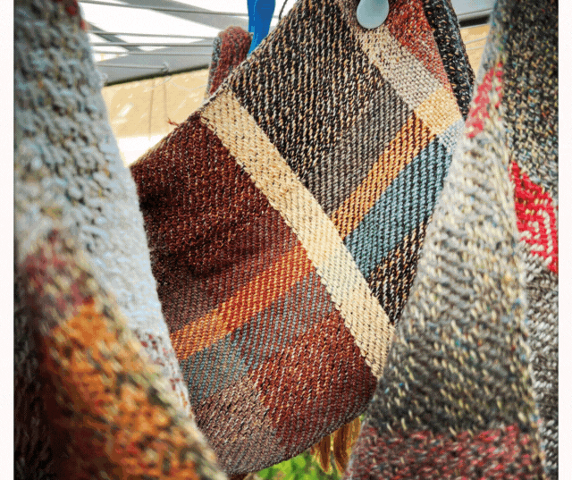 A selection of photos of woven artwork by Orkney artist Clare Gee.