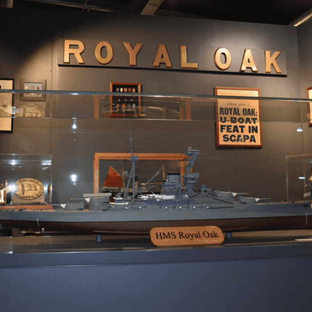 Slideshow of some of the new exhibits at Scapa Flow Museum including the Royal Oak model, B98 gun, and donated items display.