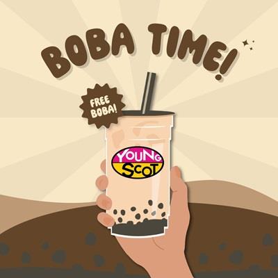 Graphic - hand holding a bubble tea. Text reads 'Boba Time!'. Young Scot logo.
