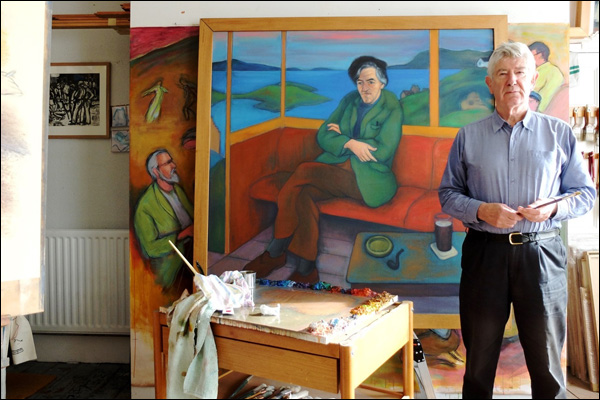 Sandy Moffat with portrait of George Mackay Brown.