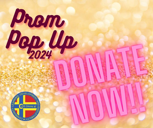 Text on sparkly background: Prom Pop Up 2024 - Donate Now!