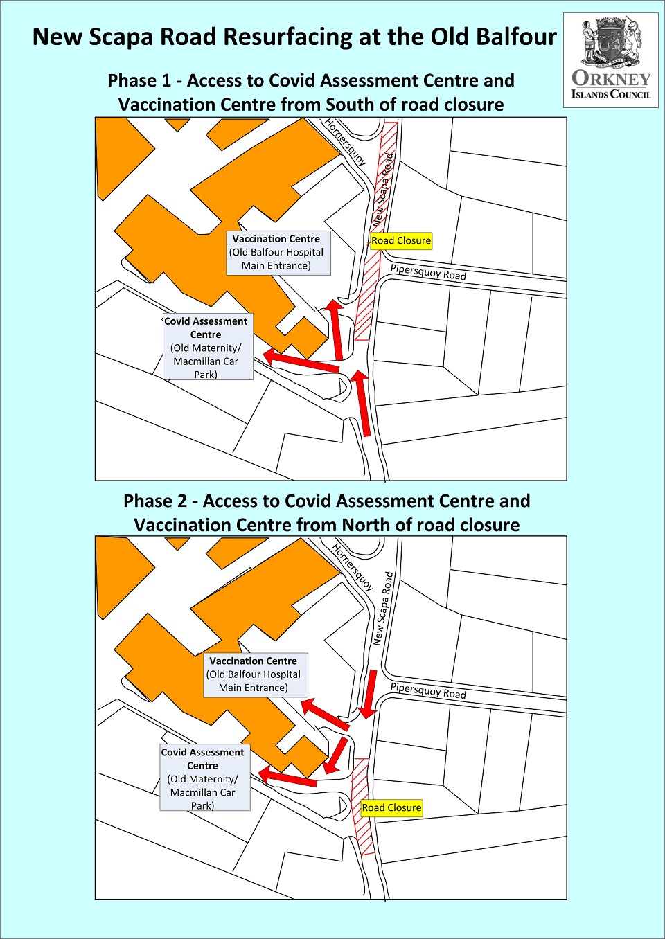 Diagram showing arrangements for access to COVID-19 Assessment and Vaccination centres over two Phases - from February 7 2022 for two weeks.
