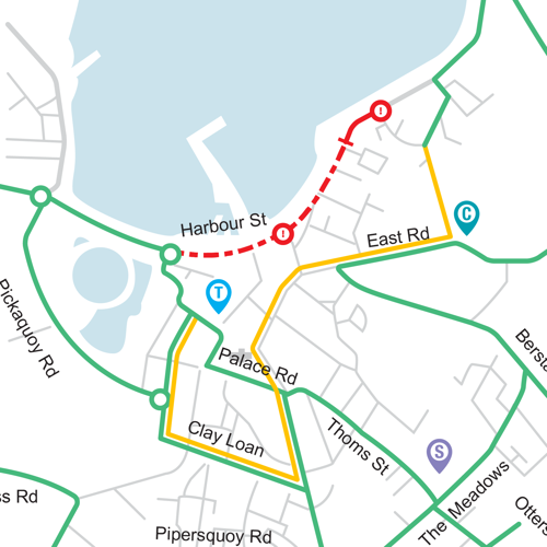 The diversion for the No 9 Town service bus during Cromwell Road closure from 6 May 2025. Usual route in green - diversion in yellow. Road closure marked in red.