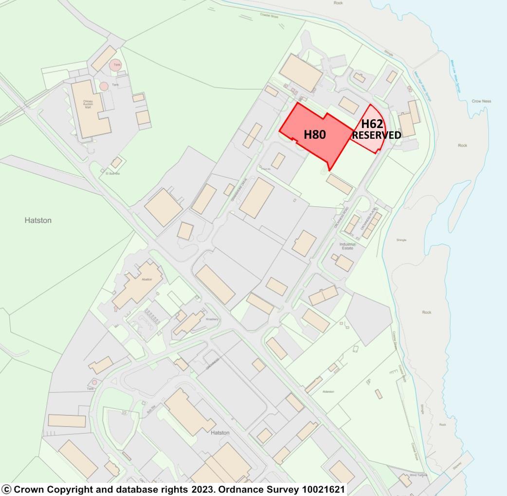 A top-down map of self-build serviced sites for lease in Hatston Industrial Estate, Kirkwall.
