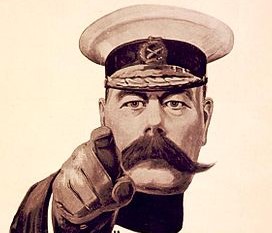 A poster with a man in a hat with a moustache pointing
