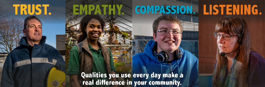 a poster with 4 adults stating 'trust, empathy, compassion and listening' along the top