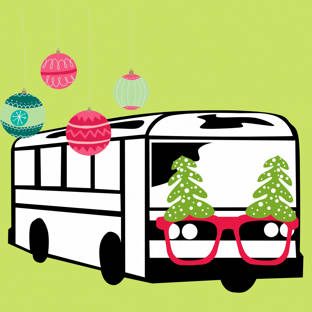 A cartoon bus with festive baubles around it and mistletoe glasses on the front of the bus