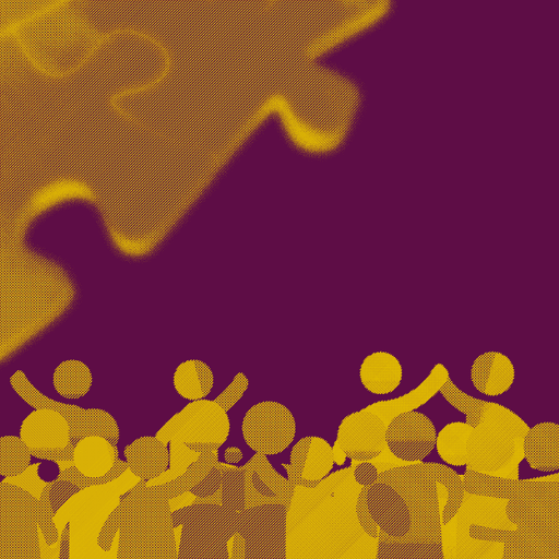 a yellow jigsaw pieces with lots of little yellow people reaching up to it