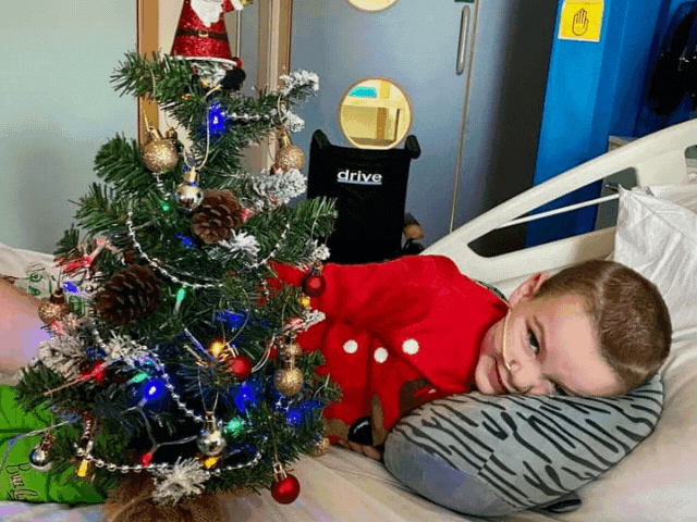 a boy lying on a hospital bed next to a Christmas tree