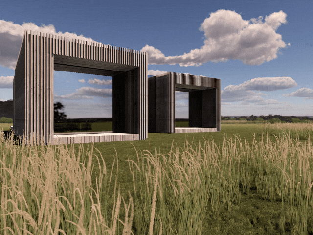 2 wooden boxes with windows in them in the middle of a field