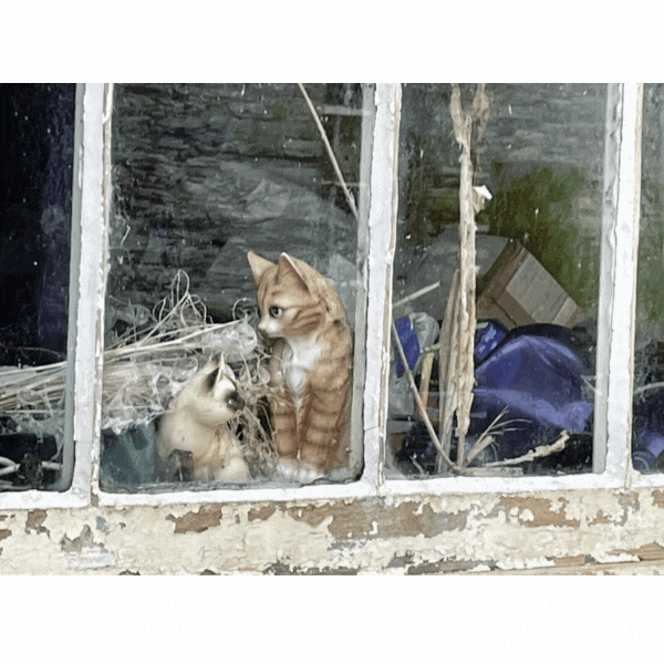 2 kitten ornaments sitting in a window