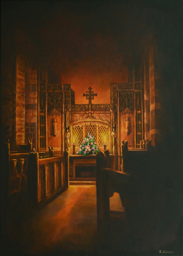 inside a church by candlelight