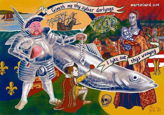 a piece of art showing a man in a suit of armour eating some meat, a fish, a woman and a baby and a man knelt down on one knee with a red rose