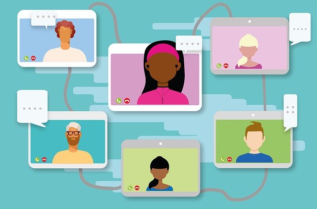 6 people on a screen doing a video call - cartoon themed